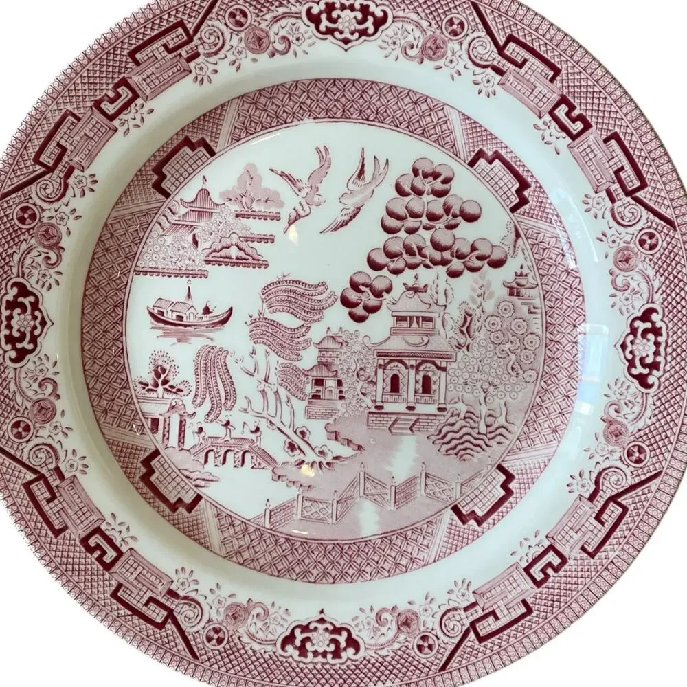 Queen's England WILLOW ROSA Porcelain Dinner Plates 10in Red White Set of 4 New